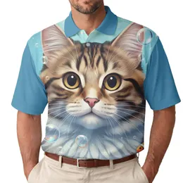 Curious Golden Yellow Eyes Tabby Cat Face Water Bubbles Fish - Pet Lover Everyday Style Men's Polo Shirt