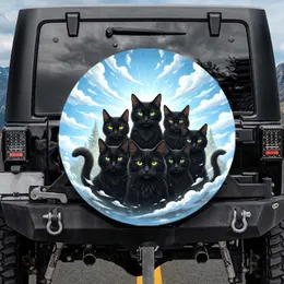 Black Cat Group Portrait Yellow Eyes Blue Sky - Cat Lover Outdoor Lifestyle Gift Spare Tire Cover