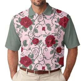 Crimson Roses Swirling Thorny Vines Pearl Accents - Botanical Lover Gift Men's Polo Shirt