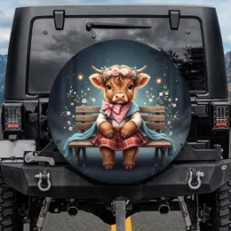 Baby Highland Cow Rose Wreath Wooden Bench - Farmhouse Decor Gift for Cow Lover Spare Tire Cover