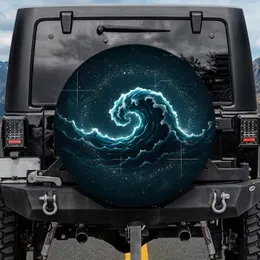 Deep Teal Blue Wave Stars Geometric Lines - Automotive Accessory Gift Spare Tire Cover