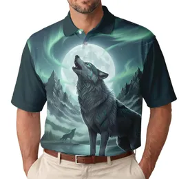 Howling Wolf Pale Moon Jagged Mountains Aurora Sky - Fantasy Lover Gift Men's Polo Shirt