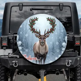 Reindeer Holly Antlers Winter Forest Believe - Christmas Holiday Gift Spare Tire Cover