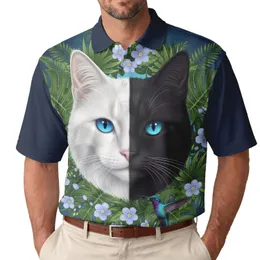 Black White Split Cat Head Tropical Leaves Hummingbird Wreath - Nature Lover Gift Men's Polo Shirt
