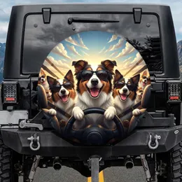 Happy Dogs Sunglasses Steering Wheel Scene - Road Trip Companion Gift for Dog Lovers Spare Tire Cover