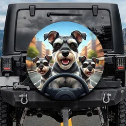 Miniature Schnauzer Pack Driving City Scene - Dog Owner Car Accessory Gift Spare Tire Cover