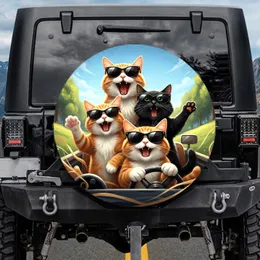 Expressive Cats in Sunglasses Driving Scenic Landscape - Cat Lover Travel Gift Spare Tire Cover