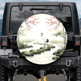 White Crane East Asian Landscape Sakura Bamboo - Home Decor Gift for Nature Lovers Spare Tire Cover
