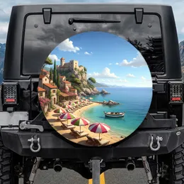Mediterranean Beach Umbrellas Boat Coastal Castle - Adventure Lover Gift Spare Tire Cover