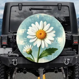 White Daisy Yellow Center Green Leaf Daisy Bud Sky Blue Teal Cream Field - Garden Lover Gift Spare Tire Cover