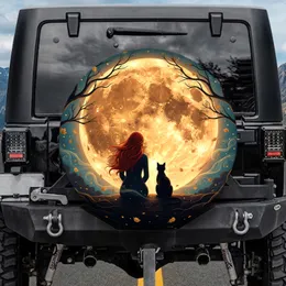 Mysterious Woman Black Cat Harvest Moon Autumn Branches - Outdoor Decor Gift for Cat Lovers Spare Tire Cover