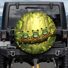 Three Green Tree Frogs Mossy Branch Tropical Forest - Wildlife Lover Gift Spare Tire Cover