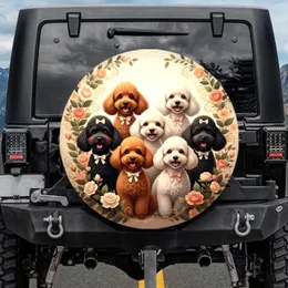 Seven Adorable Poodles Bows Garden Foliage - Poodle Lover Auto Accessory Gift Spare Tire Cover