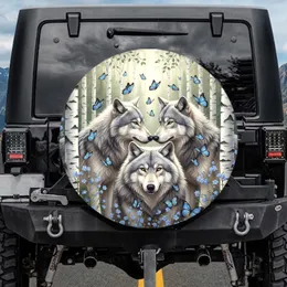 Majestic Wolves Nuzzling Blue Butterflies Birch Forest Blue Flowers - Wildlife Lover Gift Spare Tire Cover