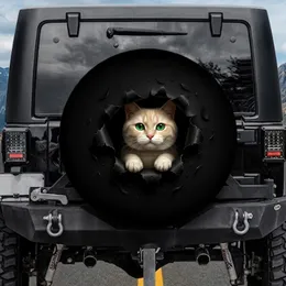 Curious Cream Cat Emerald Eye Emerging From Rip - Cat Lover Gift Spare Tire Cover