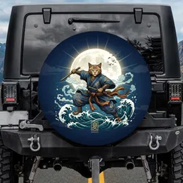Japanese Cat Samurai Ocean Waves Moon - Martial Arts Fan Car Decor Gift Spare Tire Cover