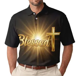 Radiant Golden Blessed Cross Faith Lifestyle Gift for Believers Men's Polo Shirt