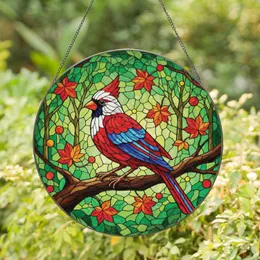 White Red Cardinal Bird Prominent Crest Autumn Leaves Branch - Bird Lover Home Decor Gift Stained Glass Suncatcher