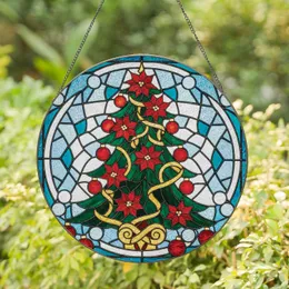 Golden Scroll Christmas Tree Red Poinsettias Baubles - Christmas Gift Stained Glass Suncatcher