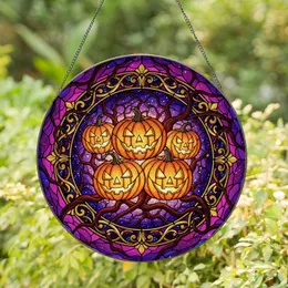 Jack-o'-Lanterns Bare Branches Dark Circular Border Swirling Twilight - Halloween Decor Gift Stained Glass Suncatcher