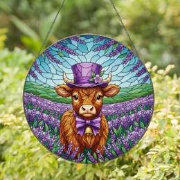 Brown Calf Purple Top Hat Lavender Field Landscape - Farmhouse Decor Gift for Cow Lover Stained Glass Suncatcher