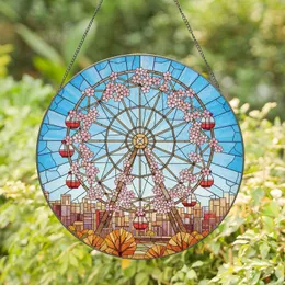 Ferris Wheel Pink Cherry Blossoms Red Gondolas Urban Autumn Trees - Home Decor Gift Stained Glass Suncatcher