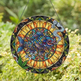 Vibrant Fish Red Eye Cannabis Leaf Exhaling Smoke Petals Organic Border - Home Decor Gift Stained Glass Suncatcher