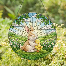 Baby Bunny Duckling Clover Daisy Meadow Spring Home Decor Gift for Nature Lover Stained Glass Suncatcher