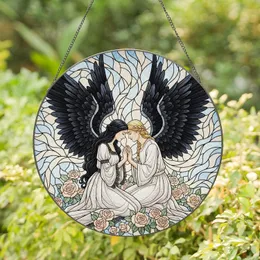 Angelic Figures Embrace Black Wings Peach Pink Roses - Home Decor Gift for Couples Stained Glass Suncatcher