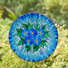 Five-Petal Blue Flowers Green Leaves Berry Buds - Home Decor Gift for Garden Lover Stained Glass Suncatcher