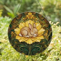 Fluffy Sleeping Curled Up Baby Bunny Golden Yellow Flower - Home Decor Gift for Bunny Lover Stained Glass Suncatcher