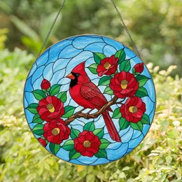 Red Cardinal Camellia Flowers Branch - Wildlife Lover Home Decor Gift Stained Glass Suncatcher