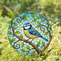 Blue Tit Bird Perched Branch Lush Leaves Blue Berries - Wildlife Lover Home Decor Gift Stained Glass Suncatcher