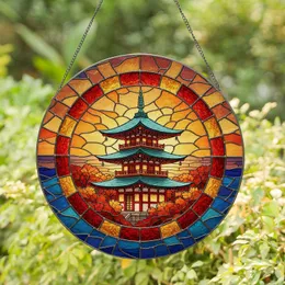 Teal Roof Japanese Pagoda Autumn Foliage Ocean Sunset - Home Decor Gift for Travelers Stained Glass Suncatcher