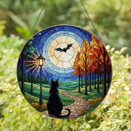 Black Cat Full Moon Autumn Night - Home Decor Gift for Cat Lover Stained Glass Suncatcher