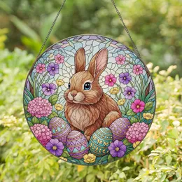 Fluffy Brown Rabbit Easter Eggs Spring Flowers Hydrangeas - Easter Spring Decor Gift Stained Glass Suncatcher