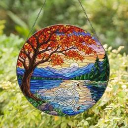 Graceful Swan Autumn Tree Mountain Lake Scene - Home Decor Gift for Nature Lover Stained Glass Suncatcher