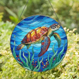 Vibrant Sea Turtle Aquatic Plants Deep Blue Ocean - Wildlife Lover Home Decor Gift Stained Glass Suncatcher