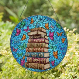Ornate Stacked Books Colorful Butterflies - Home Decor Gift for Book Lovers Stained Glass Suncatcher