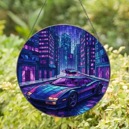 Luminous Retro Futuristic Sports Car Night Urban Cityscape - Home Decor Gift Stained Glass Suncatcher