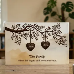 Personalized Family Tree Canvas Wall Art, Custom Names Hanging Hearts, Rustic Home Decor, Gift for Parents Grandparents