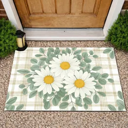 White Daisy Blooms Eucalyptus Leaves Plaid - Farmhouse Home Decor Gift Doormat