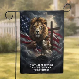 Lion Jesus Cross American Flag - 250 Years Blessing 1776-2026 Custom Family Name Garden Flag