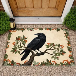 Black Crow Gnarled Branch Botanical Berries Leaves - Wildlife Home Decor Gift Doormat