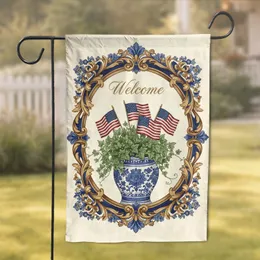 Welcome J Initial Chinoiserie Planter American Flags Ivy Acanthus Leaves - Home Decor Gift Garden Flag