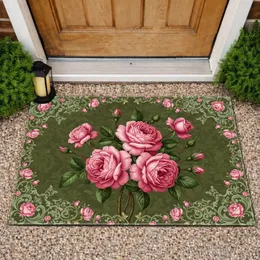 Realistic Blooming Pink Roses Ornate Botanical Scrollwork Vines - Home Decor Gift Doormat