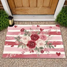 Blooming Roses Love Hearts Stripes - Valentine's Day Gift Doormat