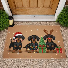 Black Tan Dachshund Christmas Santa Hat Lights Antlers - Holiday Decor Gift Doormat