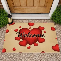 Welcome Black Calligraphy Scattered Red Hearts Tan Field - Home Decor Gift for Housewarming Doormat
