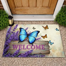 Blue Morpho Butterfly Welcome Plaque Lavender Flowers - Home Decor Gift Doormat